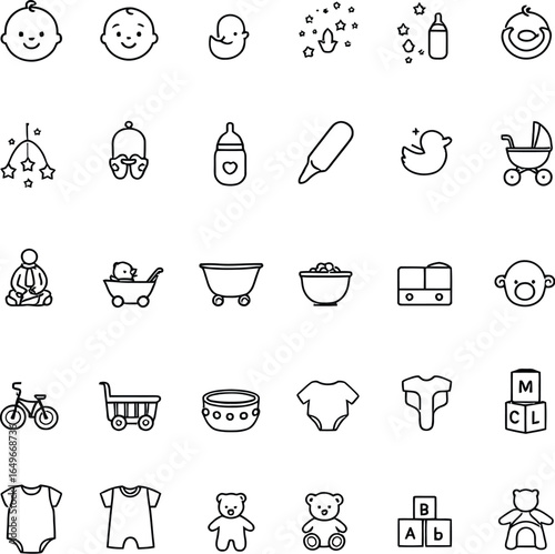 Baby Care Icon Set Featuring Line Art of Bottles, Pacifiers, Toys, Clothing, and Baby Faces for Parenting and Childcare Design