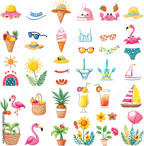 Summer and Beach Icon Set Featuring Sunglasses, Hats, Ice Cream, Flamingos, Sailboats, Tropical Drinks, and Floral Bouquets