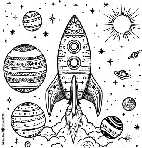 Decorative Space Illustration Featuring Patterned Rocket Ship, Planets, Stars, and Celestial Elements in Black and White