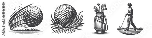 Vintage Hand-Drawn Ball Golf With Bag Illustration, Sports Equipment Engraved Vector for Golf and T-Shirt Design