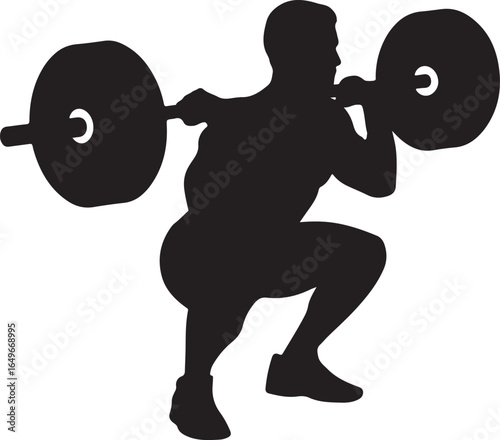 Silhouette of a man performing a barbell back squat on a white background weightlifting