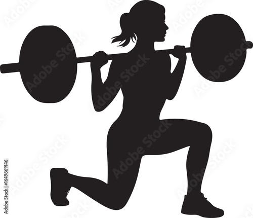 Silhouette of a woman doing a barbell lunge exercise on a white background vector illustration