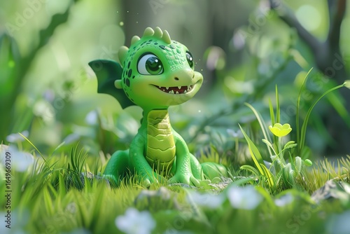 a cute adorable baby dragon lizard 3D Illustation stands in nature in the style of children-friendly cartoon animation fantasy style