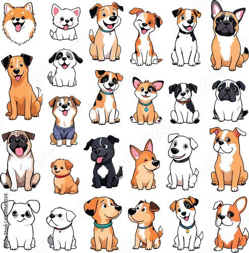 Cartoon Dog Breed Icon Set Featuring 25 Playful Illustrations Including Shiba Inu, Pug, Beagle, Chihuahua, and French Bulldog