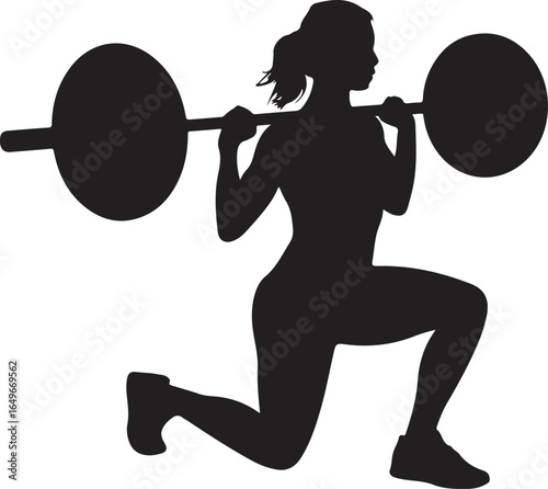 Silhouette of a woman performing a barbell lunge on a white background weightlifting