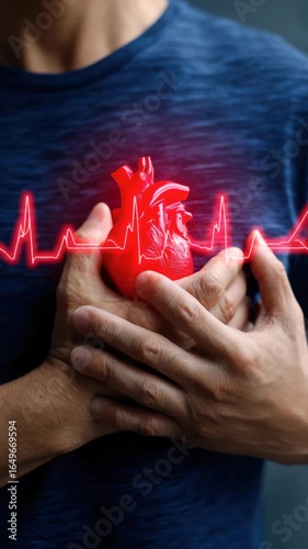 Heart pain: individual clutches chest, symbolizing cardiovascular distress, cardiac arrest, chest discomfort, heart condition, ischemic illness, circulatory system issues, myocardial infarction.