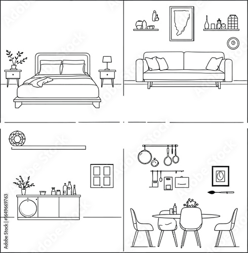 Home Interior Icon Set Featuring Bedroom, Living Room, Laundry Area, and Dining Space in Stylized Quadrant Layout