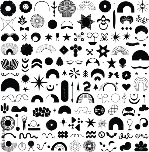 Geometric and Abstract Icon Set Featuring Stars, Circles, Waves, Flowers, Arrows, Hearts, and Nature-Inspired Shapes in Grid