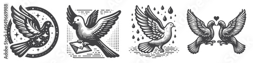 Vintage Hand-Drawn Dove Holding Envelope Illustration, Peaceful Bird Engraved Vector for Nature and T-Shirt Design