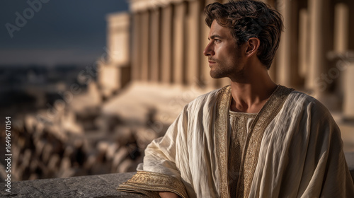 King Solomon, with neat black hair and sharp features, stands on his palace balcony in a gold-embroidered white tunic, overseeing the temple courtyard glowing in morning light.biblical story․.
