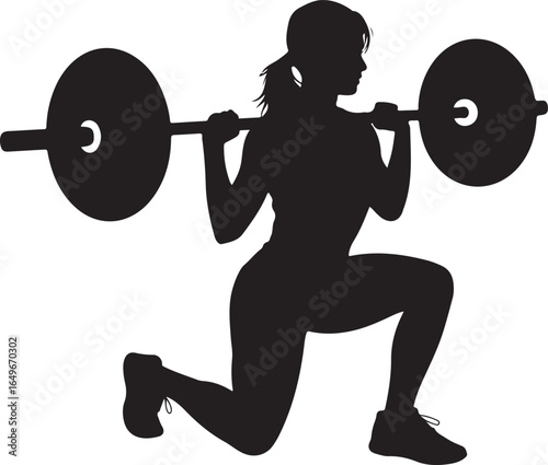 Woman silhouette performing lunges with a barbell on white background Keywords: woman, silhouette