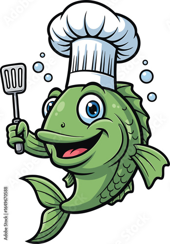 Cartoon fish chef holding spatula with a happy smile and bubbles illustration