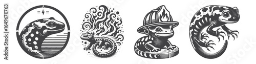 Vintage Hand-Drawn Fire Salamander As Fireman Illustration, Heroic Character Engraved Vector for T-Shirt and Cartoon Design