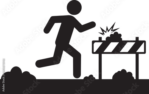 Determined stick figure man running over a construction barrier obstacle silhouette