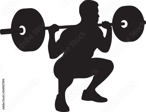 Male Silhouette in Deep Squat with Barbell on Shoulders on White Background athlete weightlifter