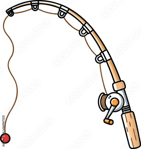 Cartoon illustration of a fishing rod with reel and line isolated on a white background.