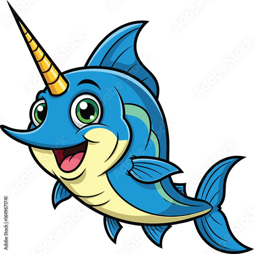 Cheerful cartoon narwhal character smiling happily isolated on a clean white background
