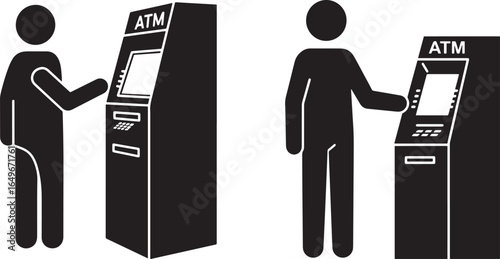 Two people using atm machines for banking transactions silhouette
