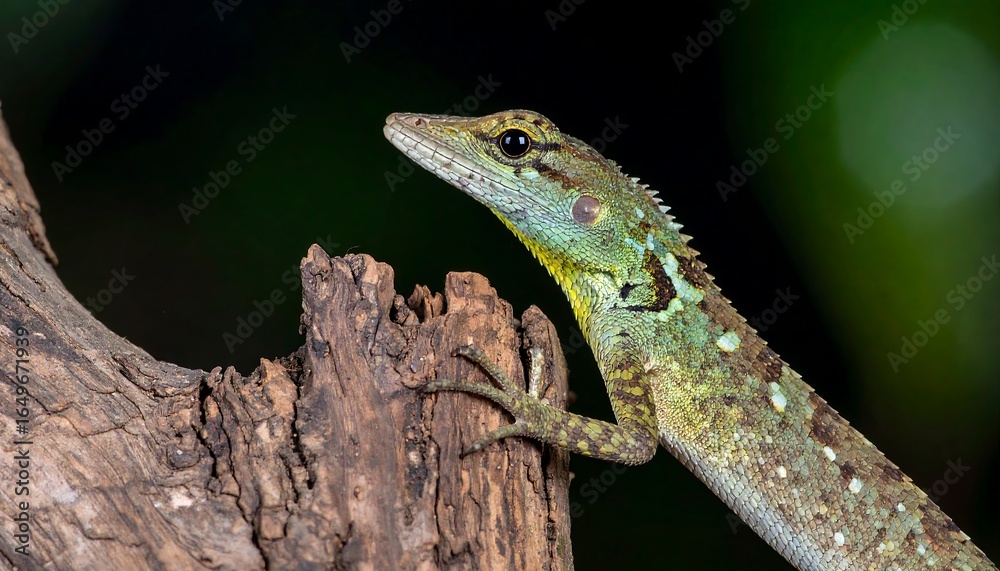Naklejka premium Close-up of a colorful lizard on a weathered branch.