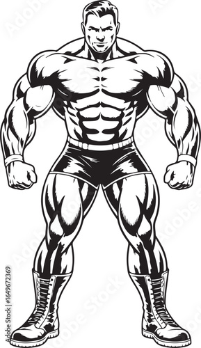 Muscular bodybuilder flexing muscles standing with hands on hips in black shorts fitness strength