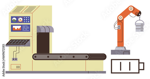 Conveyor belt paired with robot arm lifting items, control panel, battery icon. Ideal for automation, robotics, industry, efficiency, technology manufacturing sustainability. Simple flat metaphor