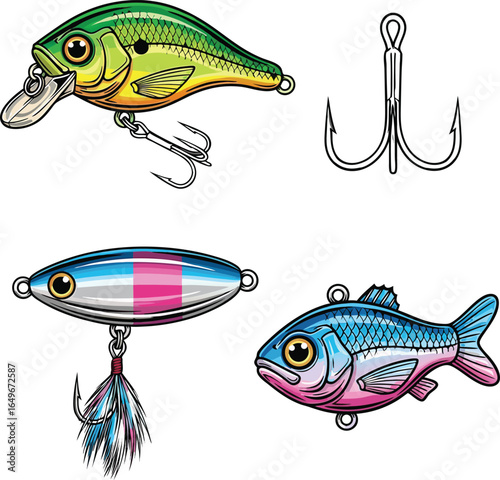 Colorful fishing lures and tackle illustrations in vector design elements for angling concepts