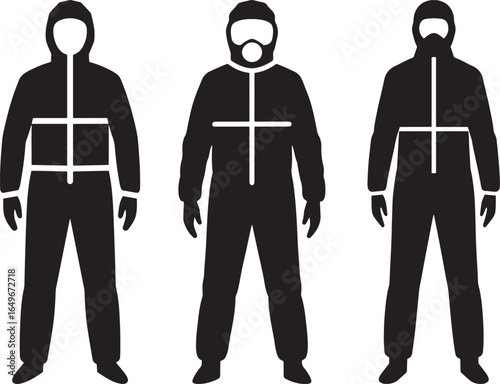 Three figures in protective suits with hoods and masks silhouette
