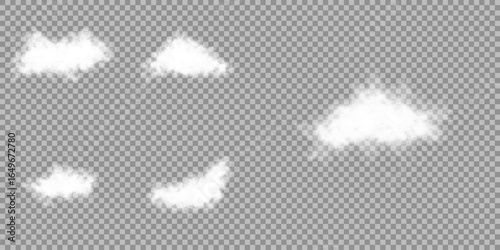 Transparent cloud, nature sky or food smoke art. Cloud, fire smoke wave and foggy nature element decoration. Vector set of realistic white cloud, fog or smoke in the sky. Vector illustration Smoke png