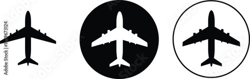 Airplane icon vector set in black and white, aviation symbol, isolated aircraft silhouette logo for flight, travel, and navigation design