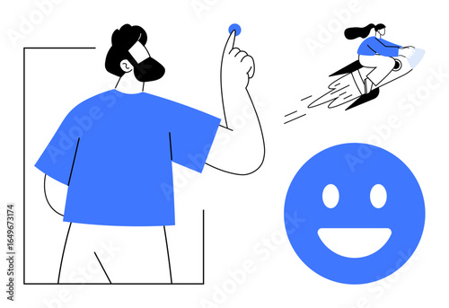Man reaching toward a button, woman flying on a futuristic jetpack, and a large happy face. Ideal for technology, innovation, creativity, positivity, teamwork, leadership simple landing page