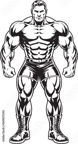 Muscular bodybuilder standing with hands at sides wearing shorts and boots bodybuilding fitness