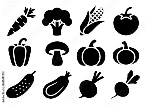 Silhouette collection of various vegetables including carrot, broccoli, corn, tomato, pepper, mushroom, pumpkin, cucumber, eggplant and beetroot. This design showcases the essence of fresh.
