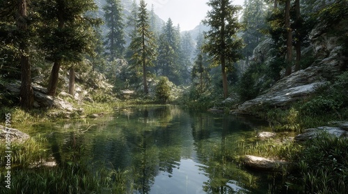 Tranquil waters mirror the sky reflecting lush forest greens in the heart of nature soft light high