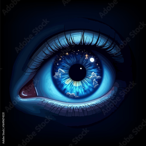 Healthy Eyes of an adult human isolated realistic with a blue iris. The planet Earth and the stars are reflected in the pupils. Stock vector for your design. EPS10. 