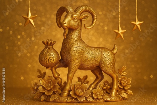 Golden goat figurine with money bag. AI Generative.