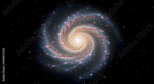 Cosmic Spiral: An ethereal spiral galaxy, aglow with countless stars and cosmic dust, swirls majestically against a backdrop of infinite darkness.