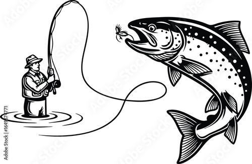 Fisherman casting fly fishing line catching jumping trout in monochrome illustration
