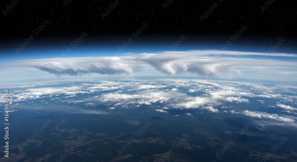 Obraz premium Earth from Space: Witness the breathtaking curvature of Earth, showcasing an expansive atmospheric view, cloud formations and a serene landscape.