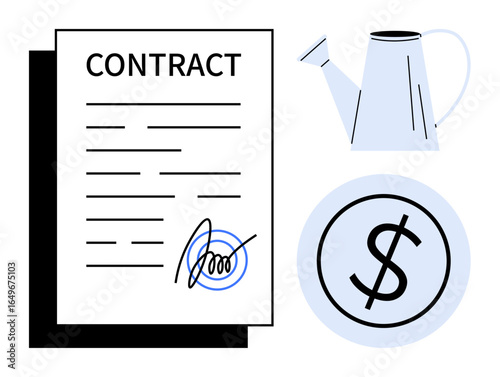 Contract paper with signature, dollar sign representing finances, and watering can for nurturing growth. Ideal for investment, legal agreement, business success, financial planning, wealth