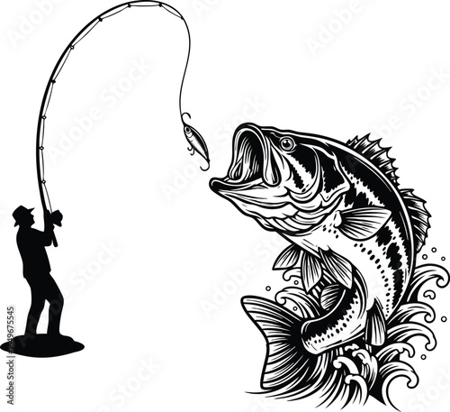 Fisherman fishing for a large mouth bass with a fishing rod and lure in black and white.