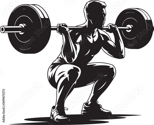 Muscular man performing a barbell squat in a dynamic black and white illustration Keywords: man