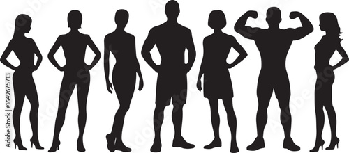 Diverse group of people silhouettes standing with hands on hips Keywords: group, people, silhouette