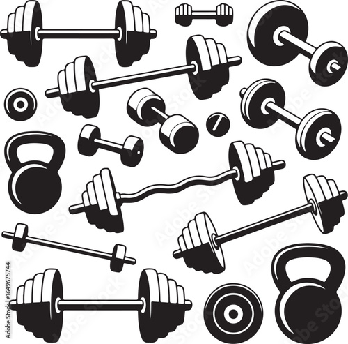 Assortment of black and white fitness equipment scattered on a white background barbell dumbbell