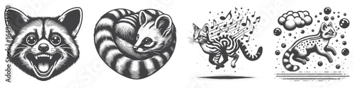 Vintage Hand-Drawn Genet With Music Note Illustration, Wildlife Animal Engraved Vector for Music and T-Shirt Design