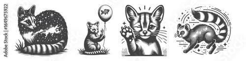Vintage Hand-Drawn Genet Playing Balloon Illustration, Wildlife Animal Engraved Vector for Fun and T-Shirt Design