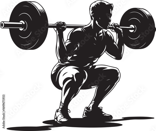 Silhouette of Man Performing Barbell Squat Exercise Black and White Vector adult athletic