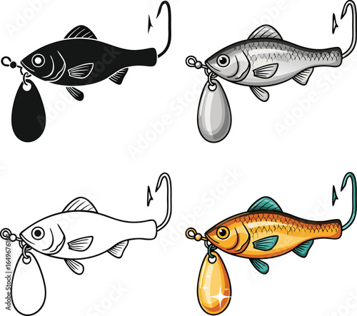 Four illustrated fishing lure designs in different styles for angling and recreational fishing