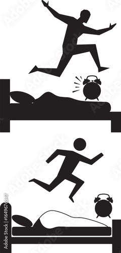 Man jumping out of bed to alarm clock in a dynamic silhouette sequence
