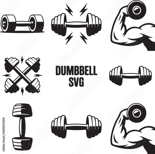Fitness Icons Dumbbells Biceps and Text Dumbbell SVG Black and White athletic bodybuilding