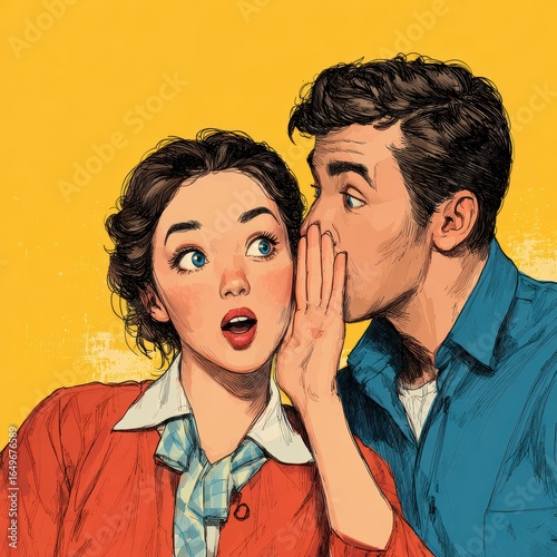 
Chatty woman, talkative wife telling secret to man, husband, whispering at ear, family communication chatting, having fun, sharing hearing, rumor, good trust family relationship, new positive ...
